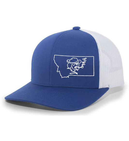 Trucker Hat with White Mesh Embroidered Herder Head in Montana